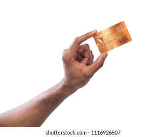 Banking Services. Black Male Hand Holding Plastic Credit Card On White Isolated Studio Background, Copy Space, Cutout