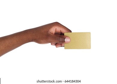 Banking services. Black male hand holding plastic credit card on white isolated studio background, copy space, cutout