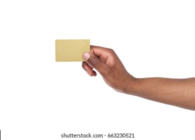 Banking Services. Black Male Hand Holding Blank Plastic Credit Card On White Isolated Studio Background, Copy Space, Cutout