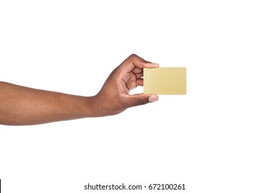 Banking Services. Black Male Hand Holding Blank Plastic Credit Card On White Isolated Studio Background, Copy Space, Cutout