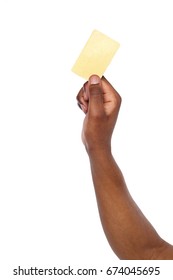 Banking Services. Black Male Hand Holding Blank Plastic Credit Card On White Isolated Studio Background, Copy Space, Cutout