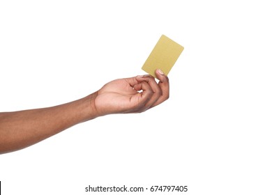 Banking Services. Black Male Hand Holding Blank Plastic Credit Card On White Isolated Studio Background, Copy Space, Cutout