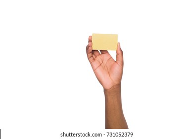 Banking Services. Black Male Hand Holding Blank Plastic Credit Card On White Isolated Studio Background, Copy Space, Cutout