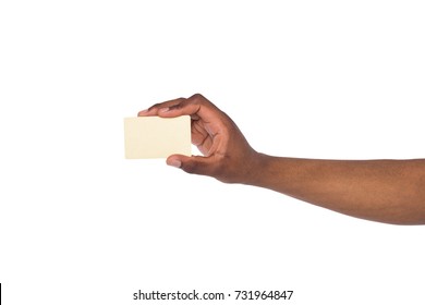 Banking Services. Black Male Hand Holding Blank Plastic Credit Card On White Isolated Studio Background, Copy Space, Cutout