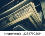 Banking Theme. American Dollar Banknotes Inside Bill Counter Close Up Photo.
