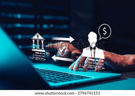 Banking transaction security and customer verification concept. bank transfer icons, protected payment flow, identity profile, fraud prevention, data privacy, financial compliance, and secure access.