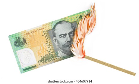 A banknote being burned by a match with burning in a big flame.