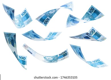 banknotes of 100 reais of brazil falling on isolated white background. Grand prize, lottery or wealth concept. - Shutterstock ID 1746353105