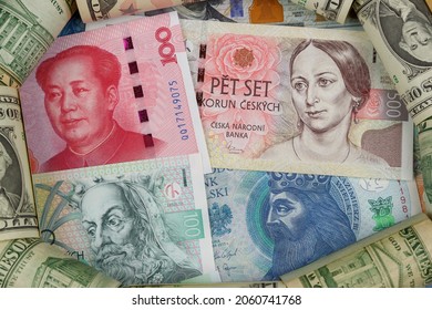 Banknotes of 100 yuan, 500 and 100 czech crown, 50 zloty with US dollar edging