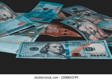 Banknotes Armenian drams, Banknotes USA dollars, Banknotes Euros, Banknotes Russian Rubles on the black background. Wallpaper business and finance - Shutterstock ID 2208842199