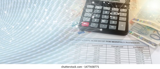 Banknotes, calculator and amortization schedule; multiple exposure