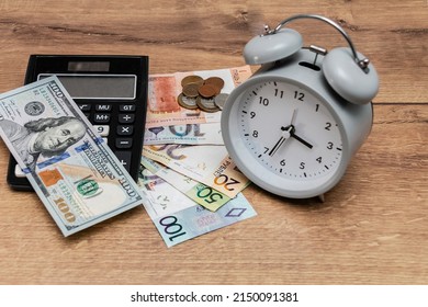 Banknotes And Coins Of The Republic Of Belarus, One Hundred US Dollars, An Alarm Clock And A Calculator. Belarusian Monetary Inflation. Time To Change Money. Dollar To Ruble.