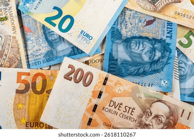 Banknotes of different countries with different denominations.