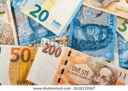 Banknotes of different countries with different denominations.
