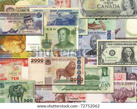 banknotes from different countries overlapping each other