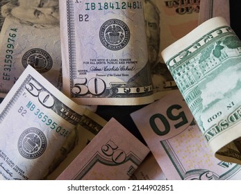 Banknotes with a face value of 50 dollars close-up. American paper money.