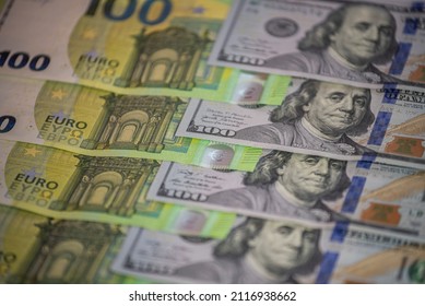 Banknotes Of Hundreds Of US Dollars And Euros, Trading Index Financial Concept