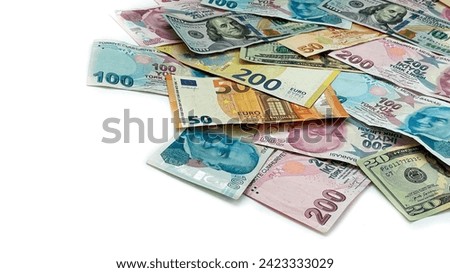 Banknotes of Turkish lira, US Dollars, and Euros displayed against a white background. Denominations include 5, 50, 200€, 1, 20, 100$, and 5, 10, 20, 100₺. Representing Lira, Turkish lira, and TL.