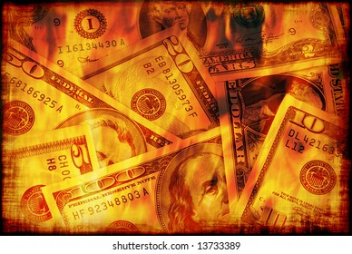 Banknotes of United States of America - dollars are burning in flame of recession