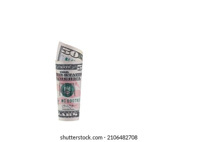 Banknotes Of The United States Dollar.
Roll Of Fifty US Dollars Isolated On A White Background.