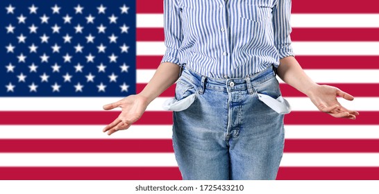 Bankruptcy, Financial Crisis And Poverty Concept - Close Up Of Woman Showing Empty Pockets Over Flag Of United States Of America On Background