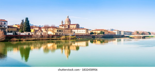 Banks Of The Arno In Florence And Its Reflections In Tuscany, Italy