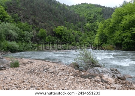 The banks of a mountain river, the riverbed in a granite canyon and the swift current.
