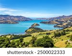 Banks Peninsula, Canterbury, South Island, New Zealand, Oceania.
Banks Peninsula in Christchurch District. Onawe Peninsula in the middle. 