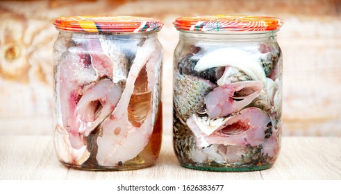 Banks With River Fish Home Canning. Autoclave High Pressure Canned Fish