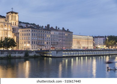 Banks of Saone river by night Lyon on August 19, 2016 France