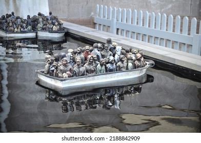 Banksy Dismaland Art At Weston Super Mare 4th September 2015 Refugees On Boat Seeking Asylum In UK 