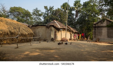 BANKURA, INDIA - DECEMBER 21, 2016: An Indian rural village in Bankura, West Bengal with mud huts, poultry and an old tribal woman standing on the courtyard.