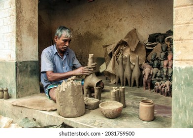 Bankura West Bengal India 12.08.2018 A Terracotta Artist Making Clay Horse In His Workshop.