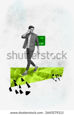 Banner 3d image pop vertical collage of happy businessman businesswoman stand credit card deposit ebank capital transaction
