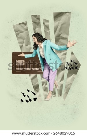Banner 3d image pop vertical collage of happy businessman businesswoman stand credit card deposit ebank capital transaction