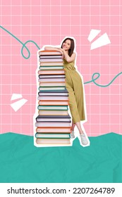 Banner advert collage of lady high school learner advertise bookshop variety materials isolated painted plaid background