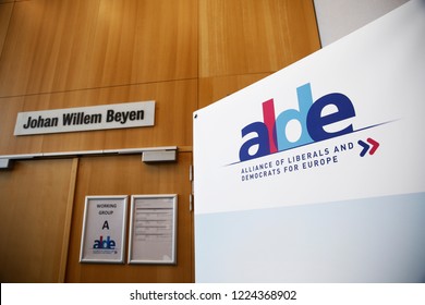 A Banner Of ALDE (Alliance Of Liberals And Democrats For Europe Group) Party Stands Inside Of European Parliament In Brussels, Belgium In Brussels, Belgium On Nov. 6, 2018