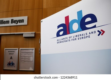 A Banner Of ALDE (Alliance Of Liberals And Democrats For Europe Group) Party Stands Inside Of European Parliament In Brussels, Belgium In Brussels, Belgium On Nov. 6, 2018