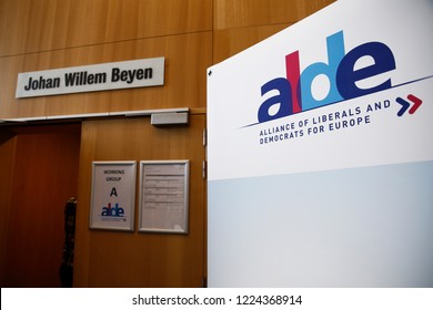 A Banner Of ALDE (Alliance Of Liberals And Democrats For Europe Group) Party Stands Inside Of European Parliament In Brussels, Belgium In Brussels, Belgium On Nov. 6, 2018