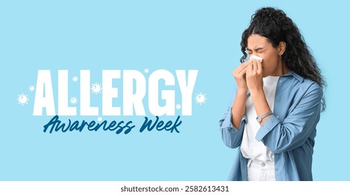 Banner for Allergy Awareness Week with young African-American woman blowing nose