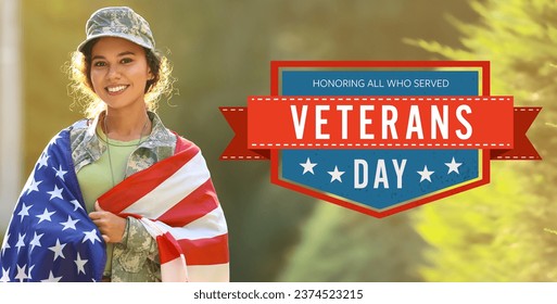 Banner for American Veterans Day with female soldier - Powered by Shutterstock