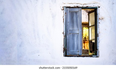 Banner Of An Antique Window On A White Old Wall And  Light From An Inside Window. 