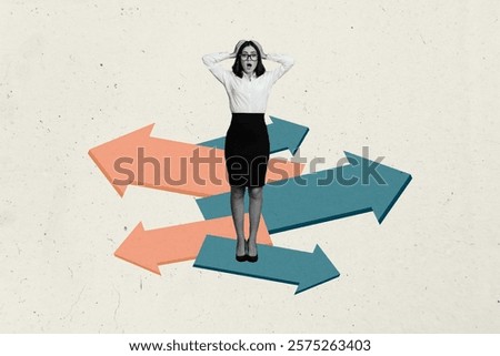 Banner art 3d creative image collage of shocked businesswoman hold head arrow pointer variant multiply option success development
