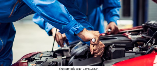 Banner Of Automobile Mechanic Man And Team Checking Car Damage Broken Part Condition, Diagnostic And Repairing Vehicle At Garage Automotive, Motor Technician Maintenance After Service Concept