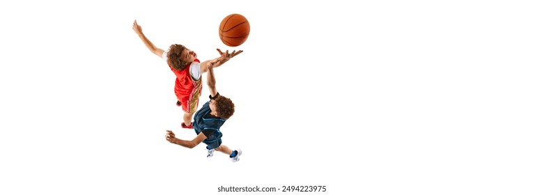 Banner. Basketball evident as player in blue jersey positions himself to block movements of rival in red jersey, who holding ball. Negative space. Concept of professional sport, match, team games. Ad - Powered by Shutterstock