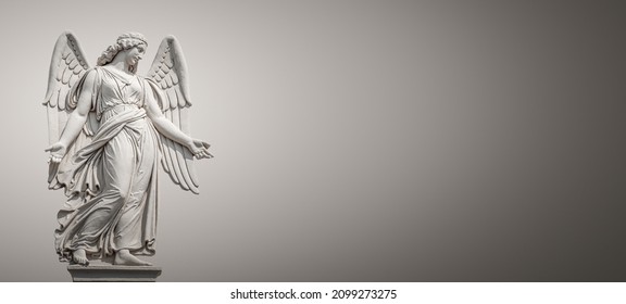 Banner and beautiful angel as bas relief wall sculpture  details  closeup  and copy space gradient background  Concept Religion   Religious Architecture