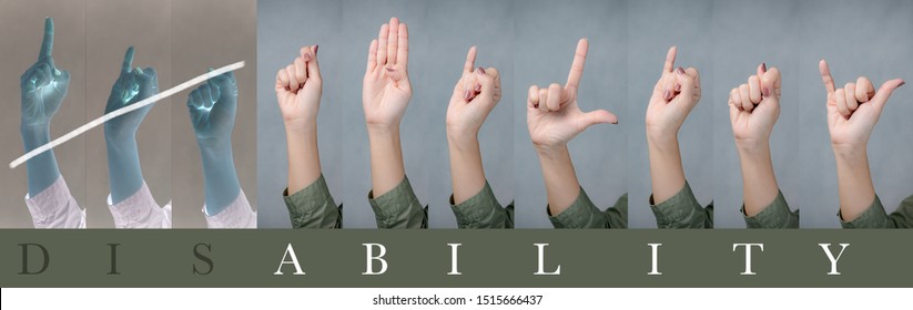 Banner Of Beautiful Woman's Hand Doing Sign Languages Of The Word Disability To Empower, Encourage And Support Disabled People.