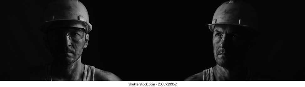 Banner with a black and white image of two miners in a helmet and goggles - Shutterstock ID 2083923352