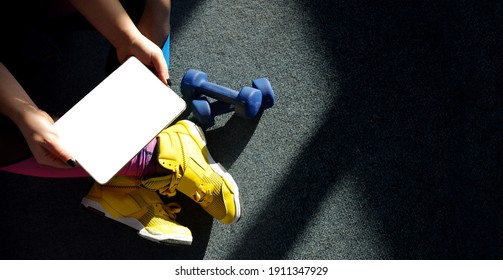 Banner A Blonde Dancer Blogger Girl Leads Online Zumba Courses Via Phone During A Pandemic. Online Learning Concept