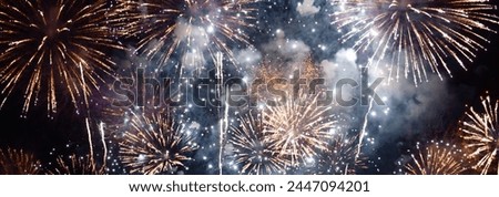 Banner blue Firework celebrate anniversary happy new year 2024, 4th of july holiday festival. Banner blue firework night celebrate national holiday. Countdown new year 2025 festival with copy space